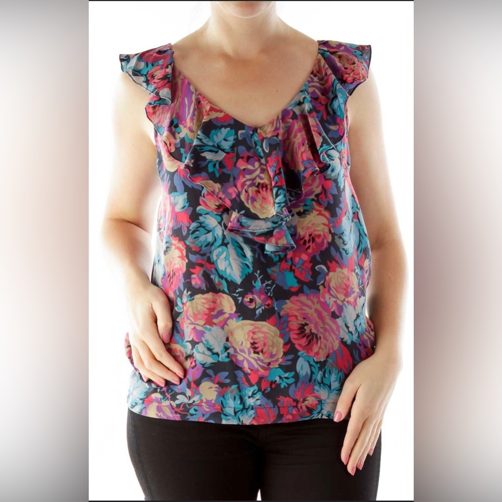 Anthropologie‎ Moulinette Soeurs Silk Floral Ruffle Sleeveless Top Size 6